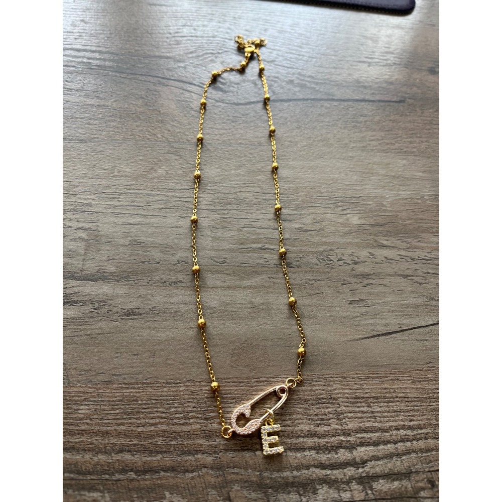 New Gold Tone Safety Pin Initial rhinestone E Chain Necklace 18 Inch